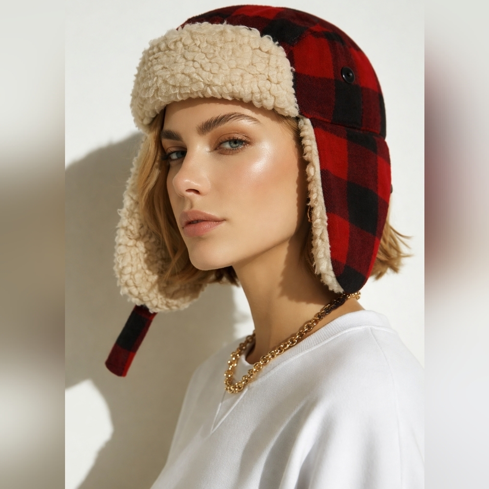 HAT Adorable plaid versatile Sherpa style Trapper Hat